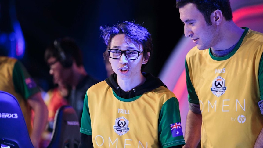 Australian Overwatch players Ashely 'Trill' Powell and Huseyin 'Hus' Sahin at the Overwatch World Cup group stage in Thailand