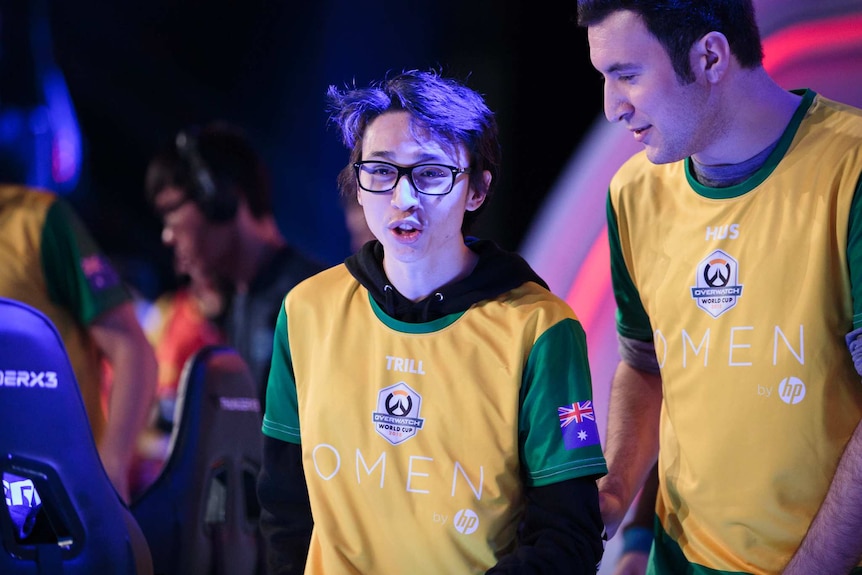 Australian Overwatch players Ashely 'Trill' Powell and Huseyin 'Hus' Sahin at the Overwatch World Cup group stage in Thailand