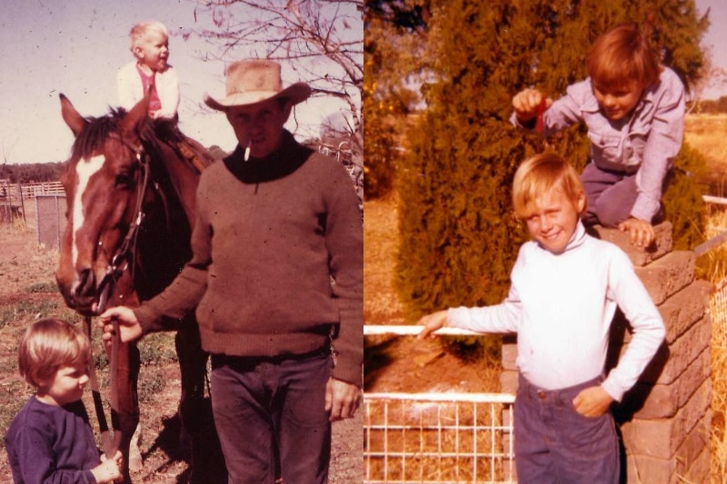 Old images of children and a man with a horse and two children playing