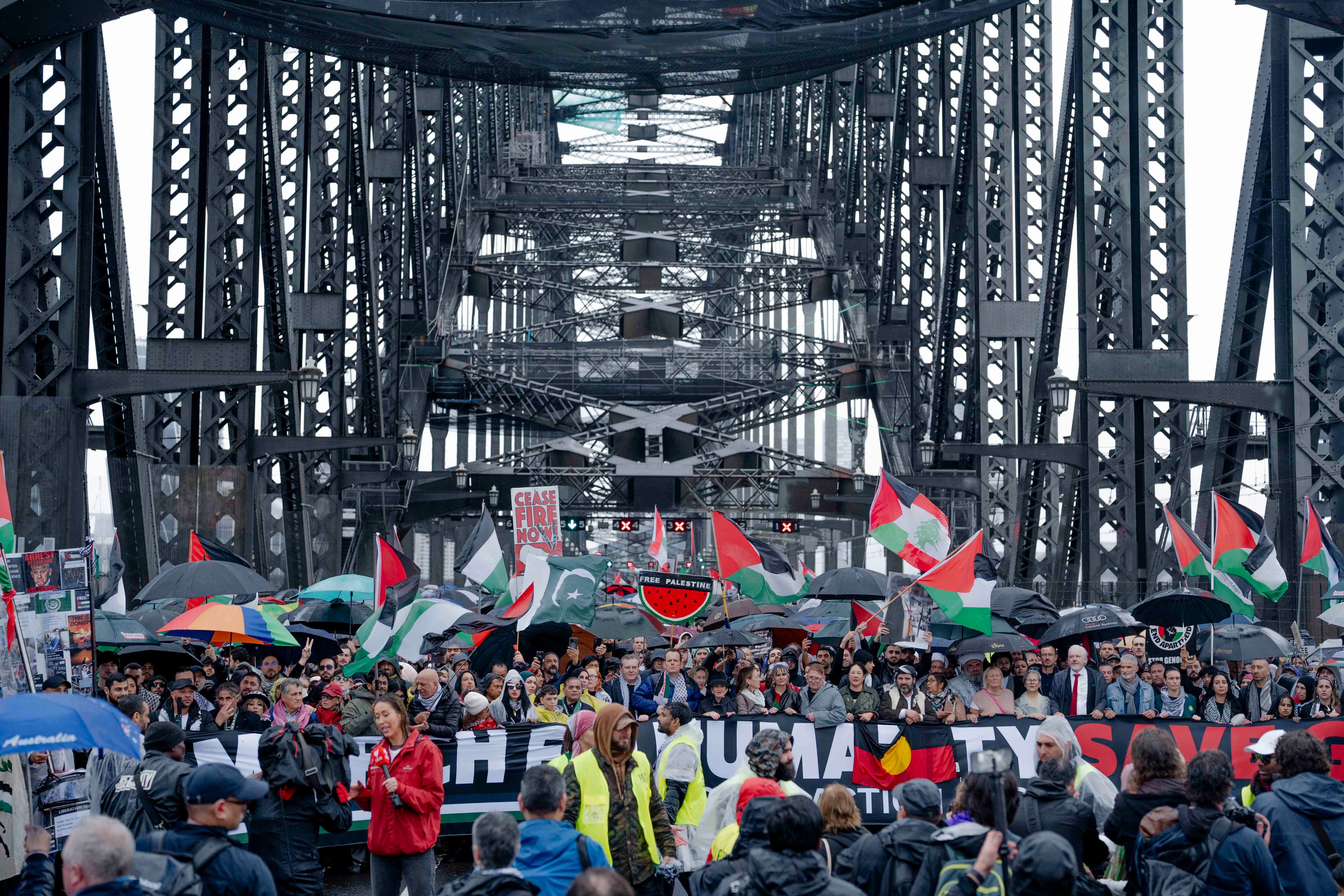 Pro-Palestinian protesters cross Sydney Harbour Bridge with flags, signs and umbrellas