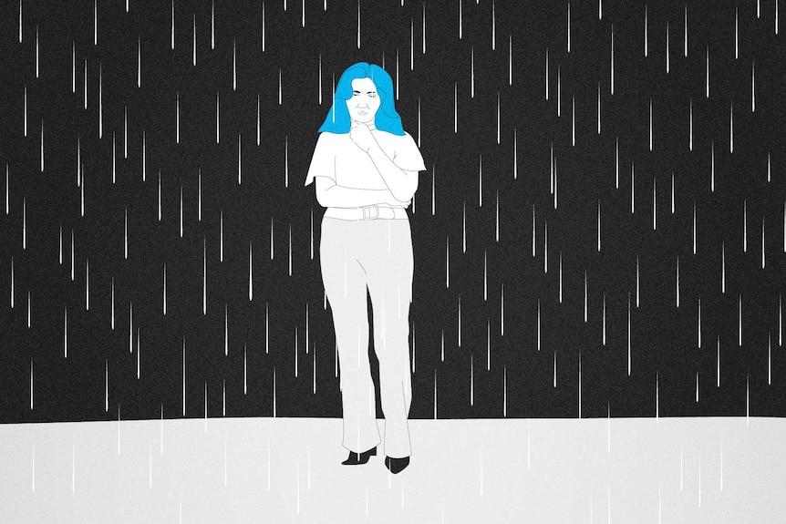 Illustration of a woman with blue hair standing in front of a black background with rain falling around her.