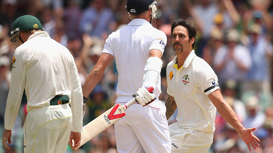 Mitchell Johnson celebrates after taking the wicket of James Anderson of England during day three in Adelaide.