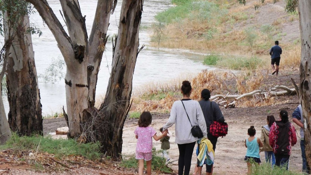 a group of people walking down a river bank to the water 