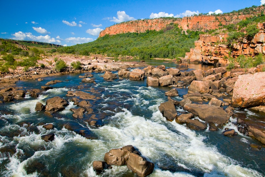 A river runs over rocks at the bottom of a rock red gorge with trees.