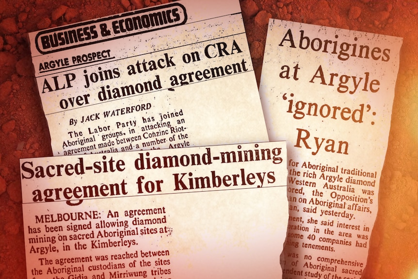 An image of three newspaper articles with headlines including "Aborigines at Argyle 'ignored': Ryan".