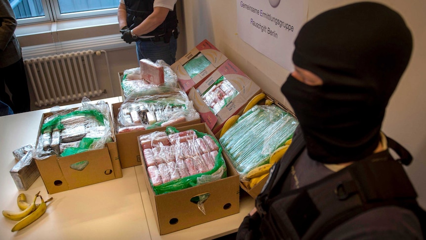 Police and custom officers guard a table showing seized cocaine in crates of imported bananas.