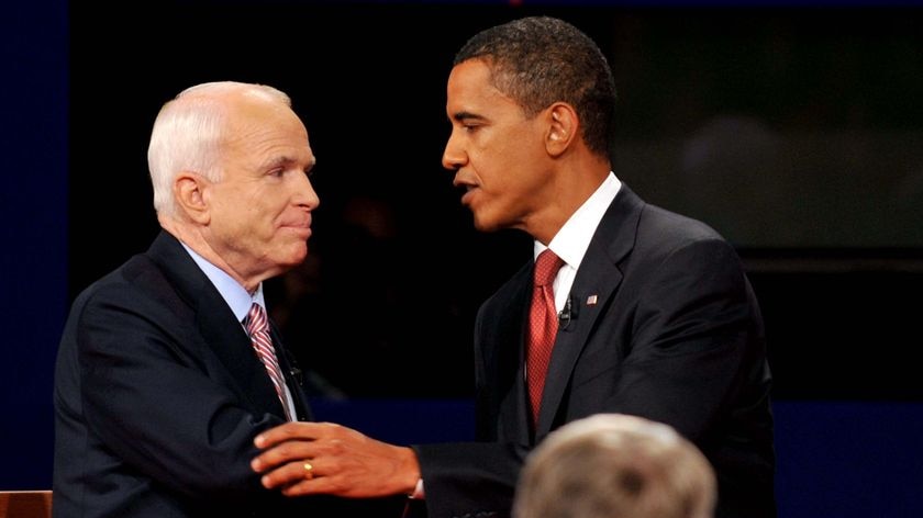No knockout punch... Senator McCain (L) and Senator Obama congratulate one another after the debate.