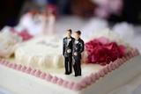 Two grooms on a wedding cake