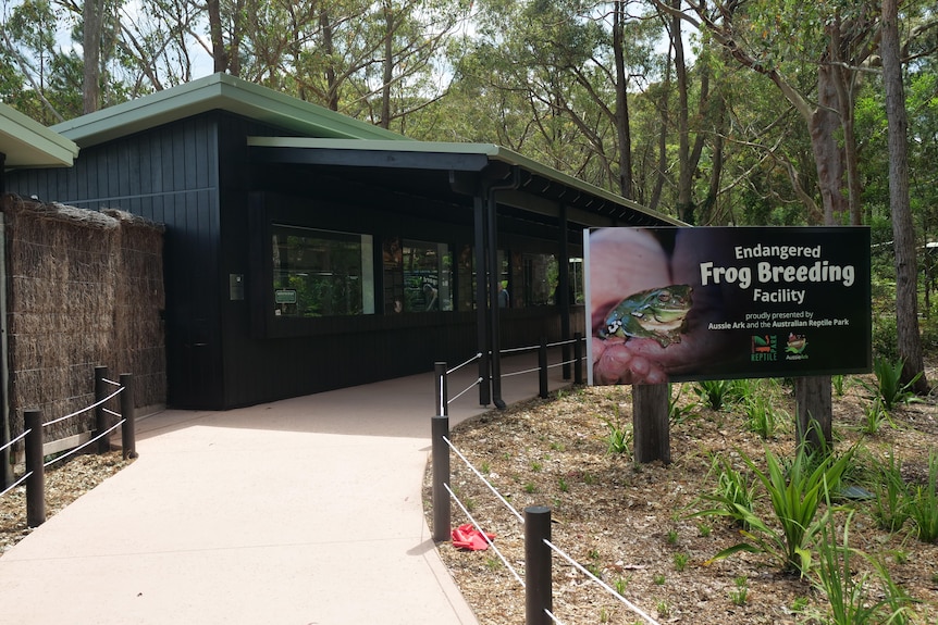  A black building with a sign reading endangered frog breeding