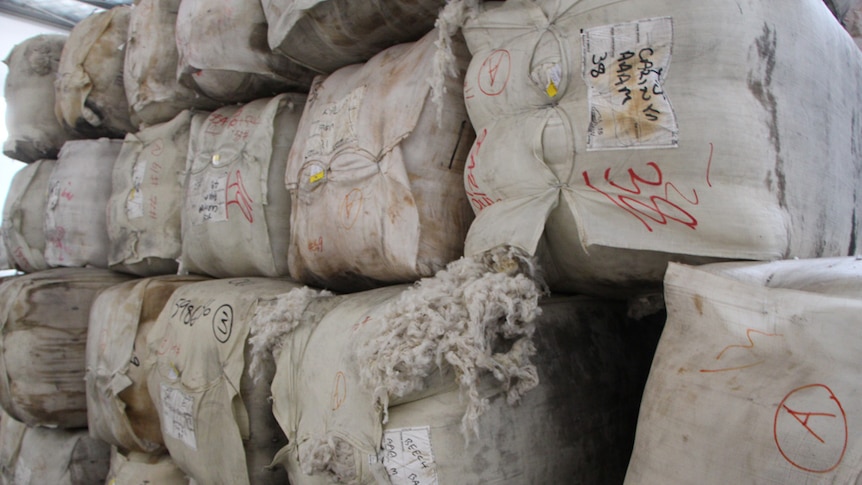 Merino wool bales in a warehouse