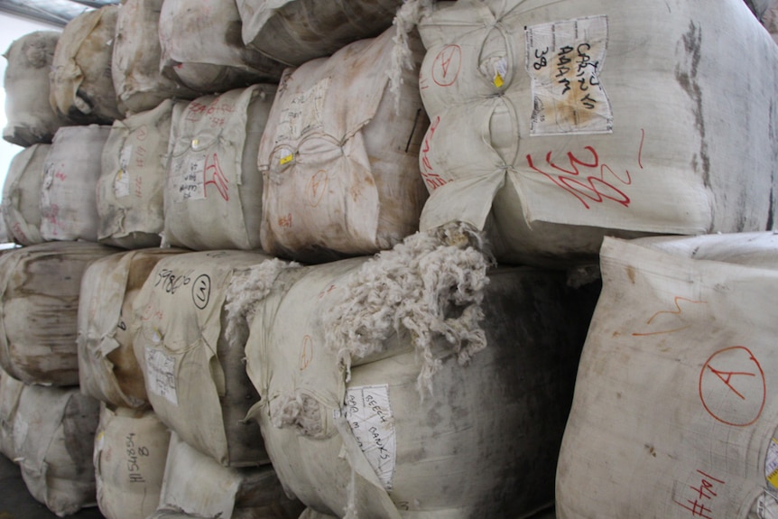 Merino wool bales in a warehouse