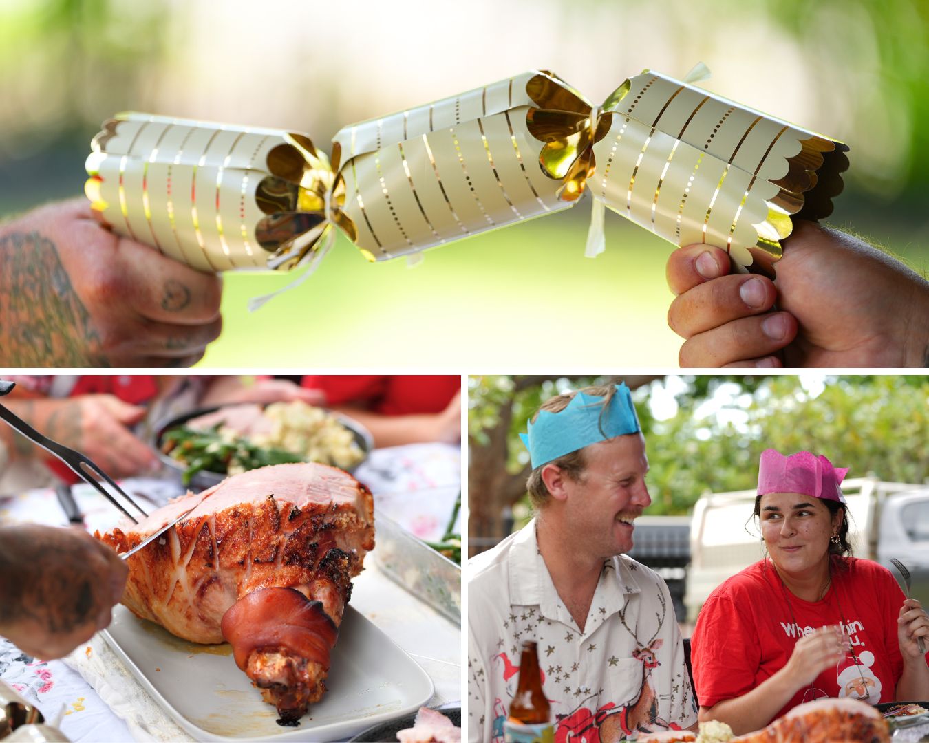 Uma colagem mostra pessoas quebrando chocolates de Natal e rindo durante um almoço festivo.