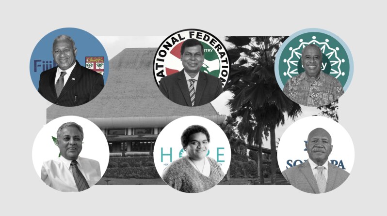 Photos of the leaders of the six political parties to contest the Fijian election.