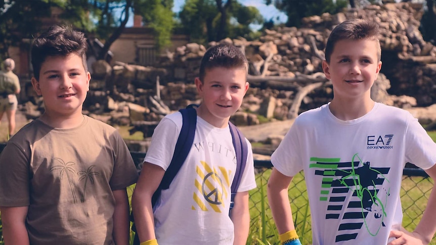 Three boys in casual clothes standing in front of an enclosure at the zoo.
