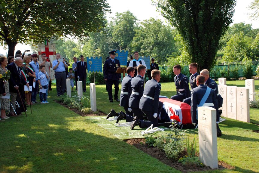 The remains of the crew of Boston BZ590 are laid to rest with military honours.