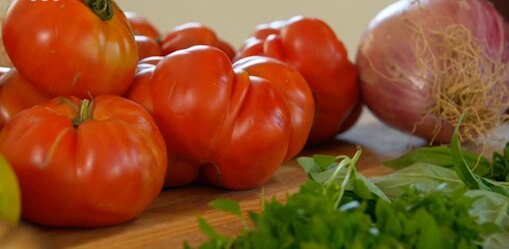 Tomatoes, shallot and basil on a chopping board