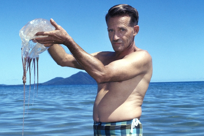 Man standing in the water holding a box jellyfish with his bare hands