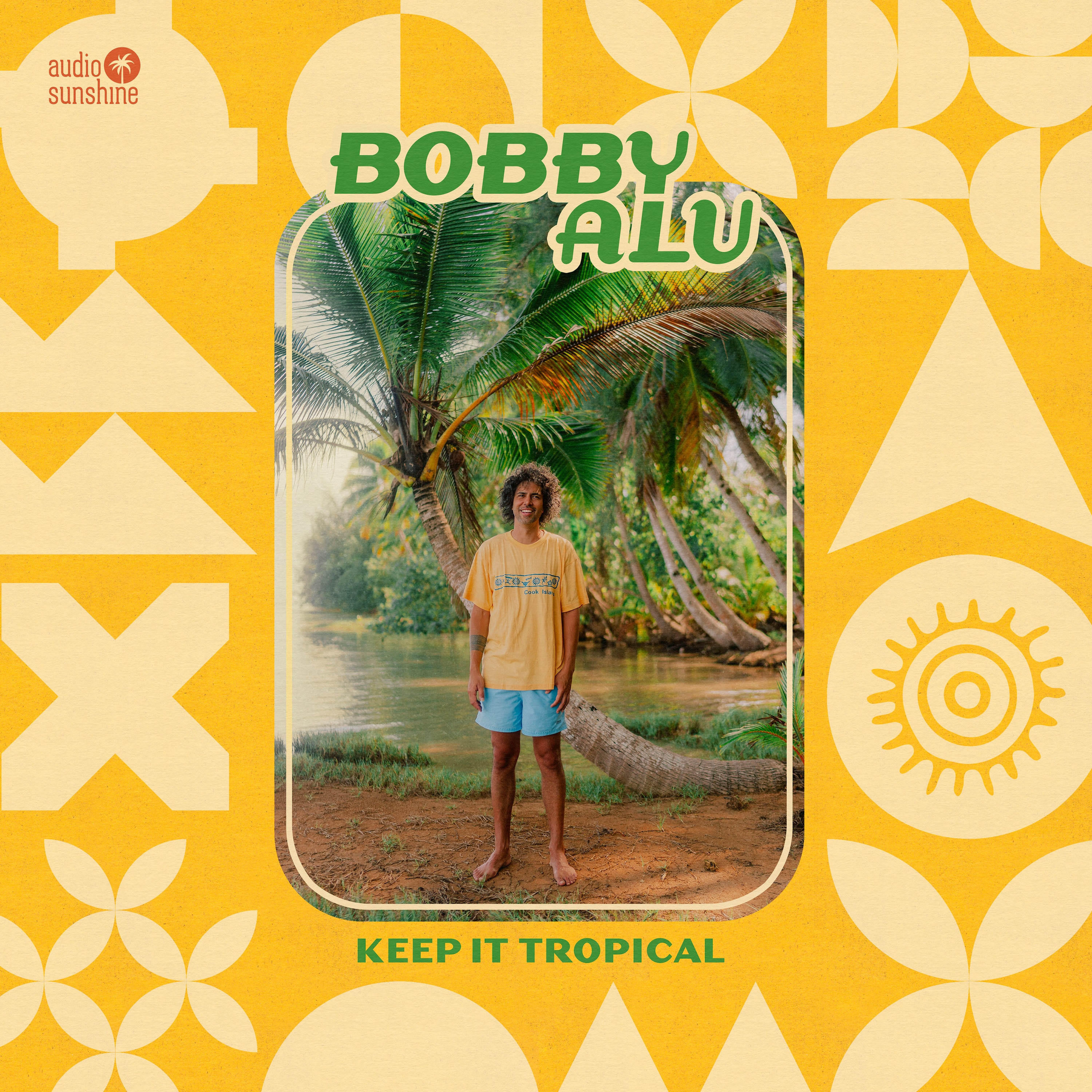 Photograph of Bobby Alu against a pam tree lined body of water, framed by yellow, geometric artwork