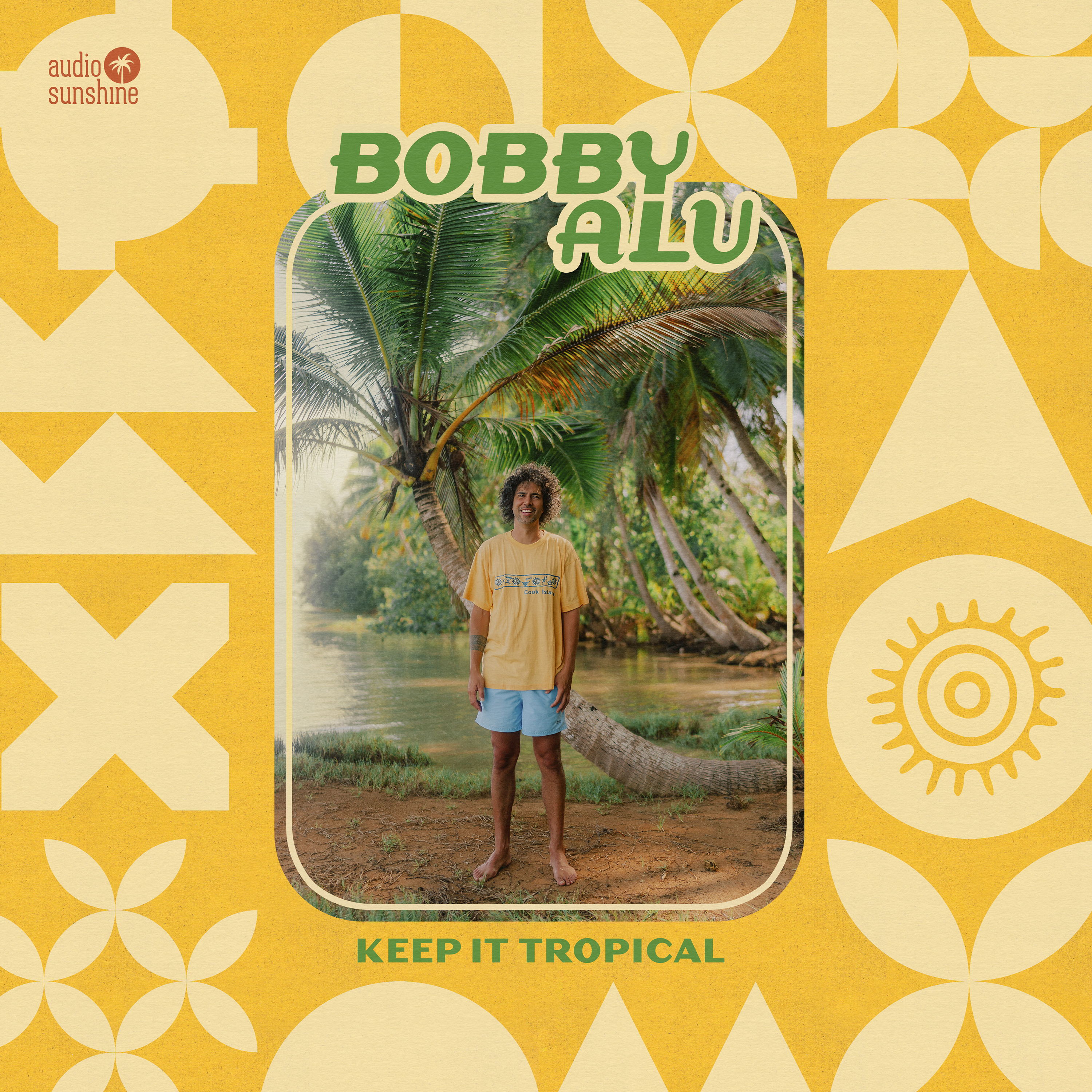 Photograph of Bobby Alu against a pam tree lined body of water, framed by yellow, geometric artwork