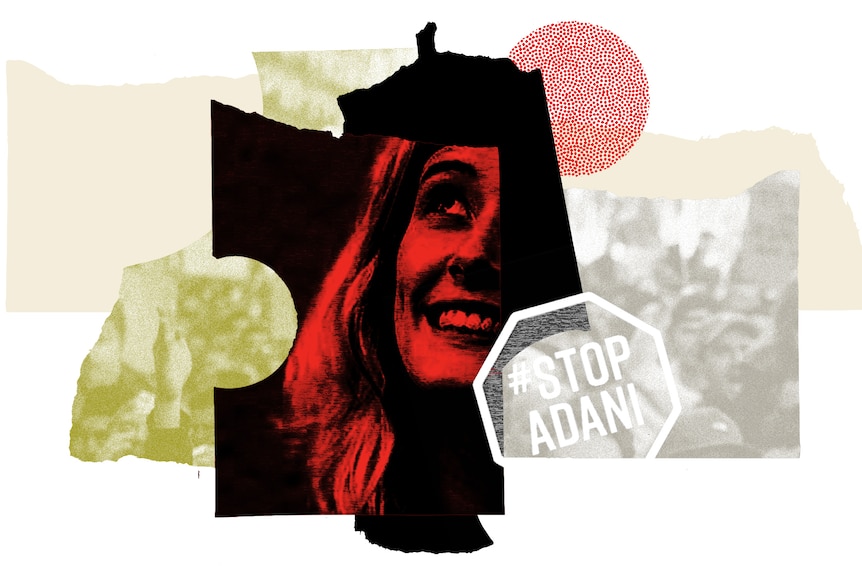 An artwork featuring Natalie O'Brien's image in red and black surrounded by protest images and Stop Adani mine sign.