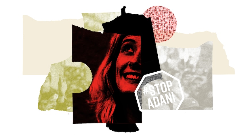 An artwork featuring Natalie O'Brien's image in red and black surrounded by protest images and Stop Adani mine sign.