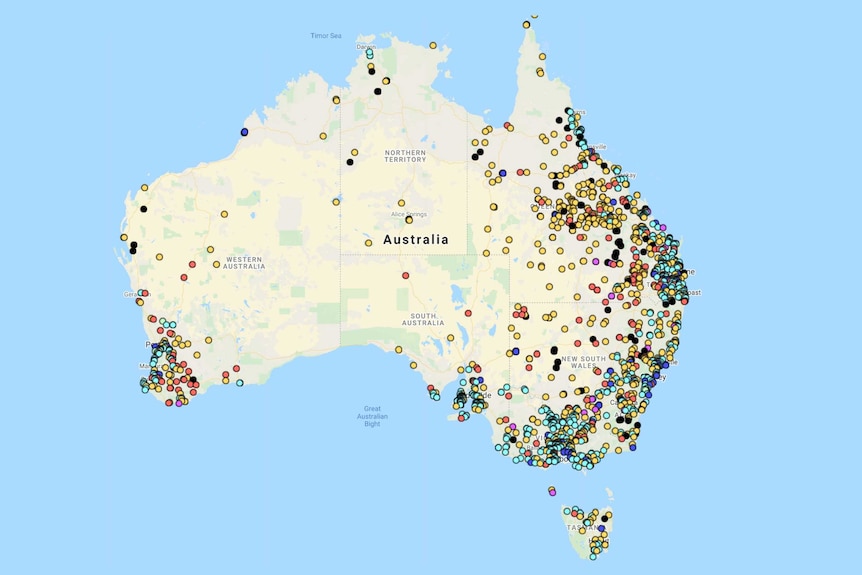 A map of Australia with different coloured dots showing the locations where people have needed digital support