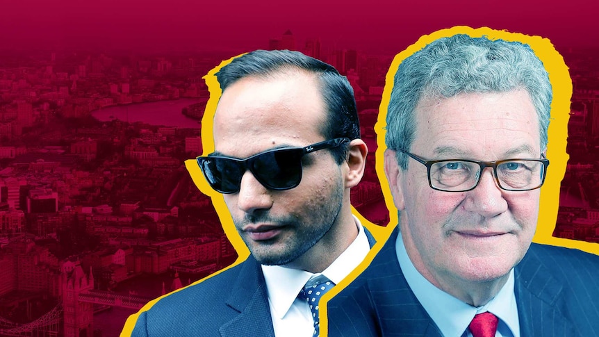 A composite image of Alexander Downer and George Papadopoulos, behind them is the City of London.