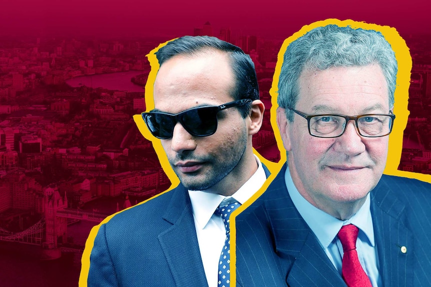 A composite image of Alexander Downer and George Papadopoulos, behind them is the City of London.