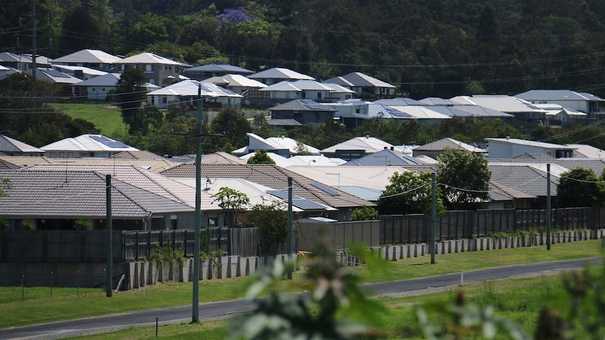 Roofs of new homes at a new housing estate.