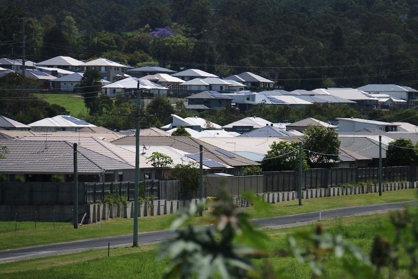 Roofs of new homes at a new housing estate.