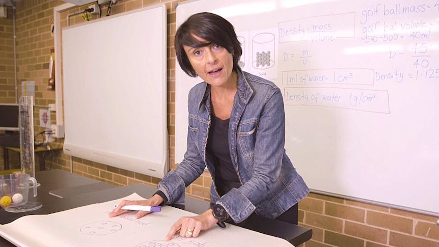 Female teacher points to drawing on paper