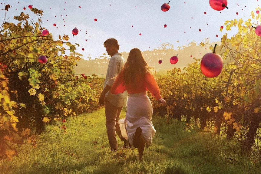 A man and a woman in a vineyard surrounded by digitally added falling fruit