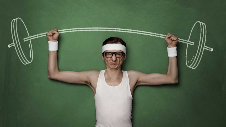 Thin man with glasses and wearing a white singlet and headband and looking unhappy pretends to lift a heavy barbell
