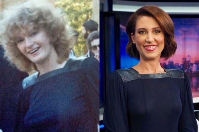 A composite image of Rhonda Favaloro on her wedding day and Tamara Oudyn in TV studio about 40 years later in the same dress.