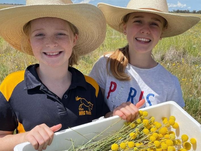 Two girls in akubras hold a tub of picked yellow wildflowers