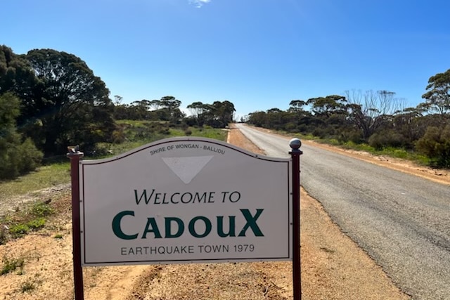 sign of Cadoux saying welcome Earthquake town 1979 
