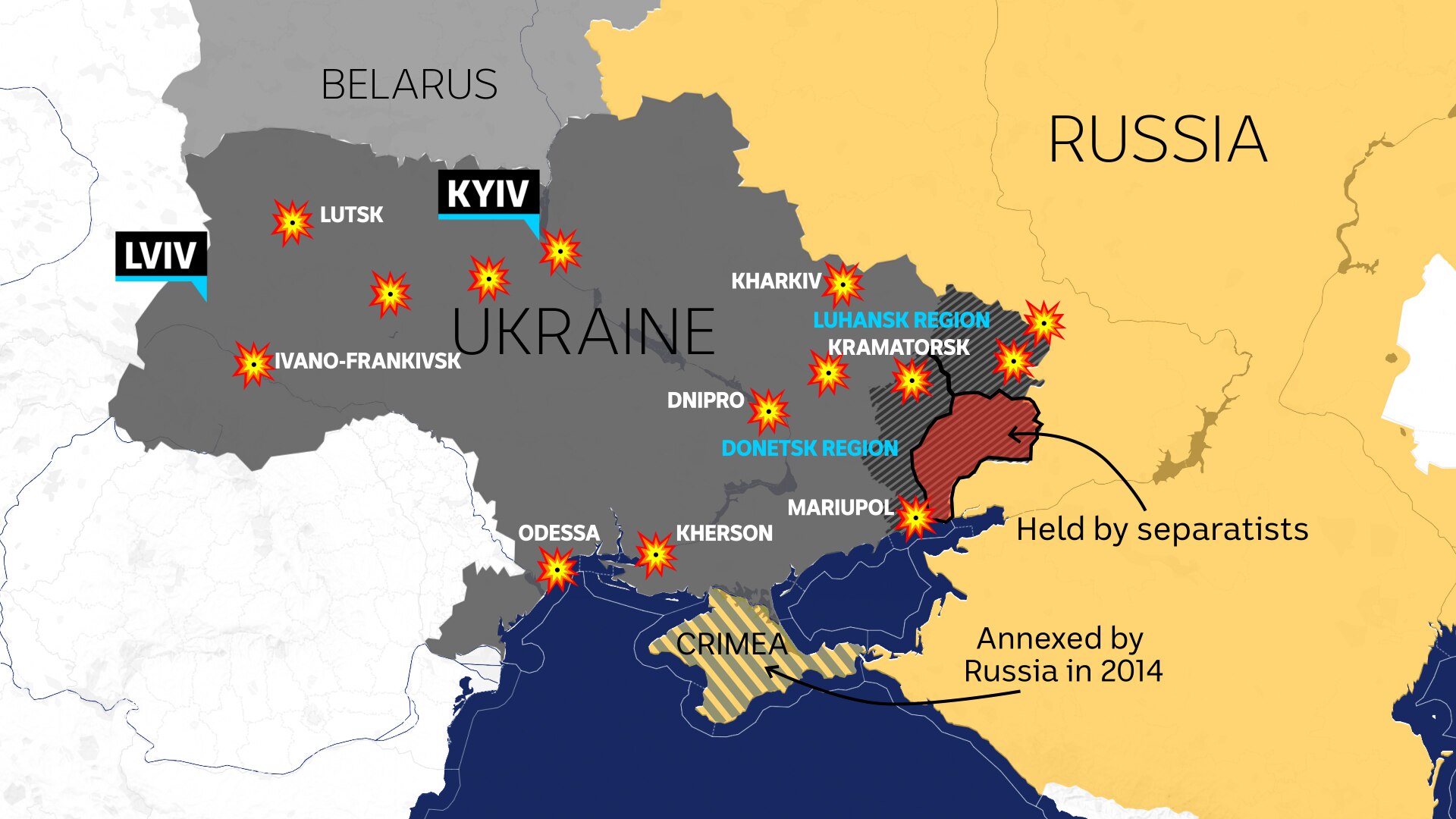 Roughly a dozen blast icons are superimposed on a map of Ukraine