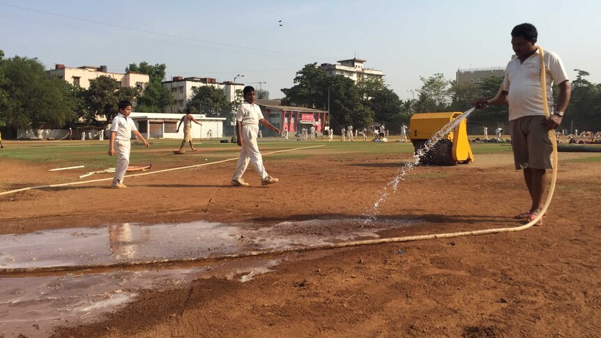 Mumbai's cricket grounds are watered during drought.