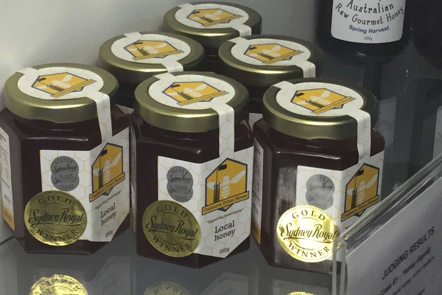 Canberra Urban Honey on display after winning a gold medal at the National Honey Show