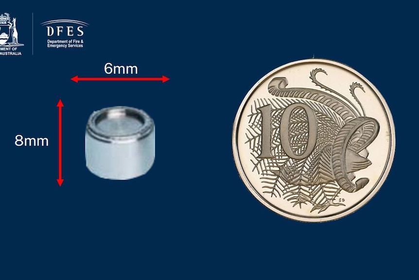 A graphic showing a cylindrical cannister in relation to a 10-cent coin.