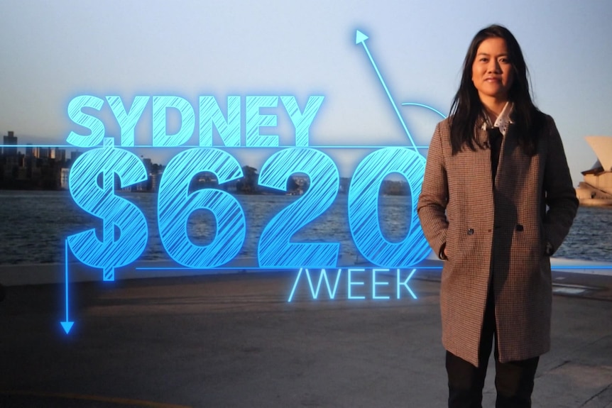 reporter Angelique Lu next to a sign that reads sydney