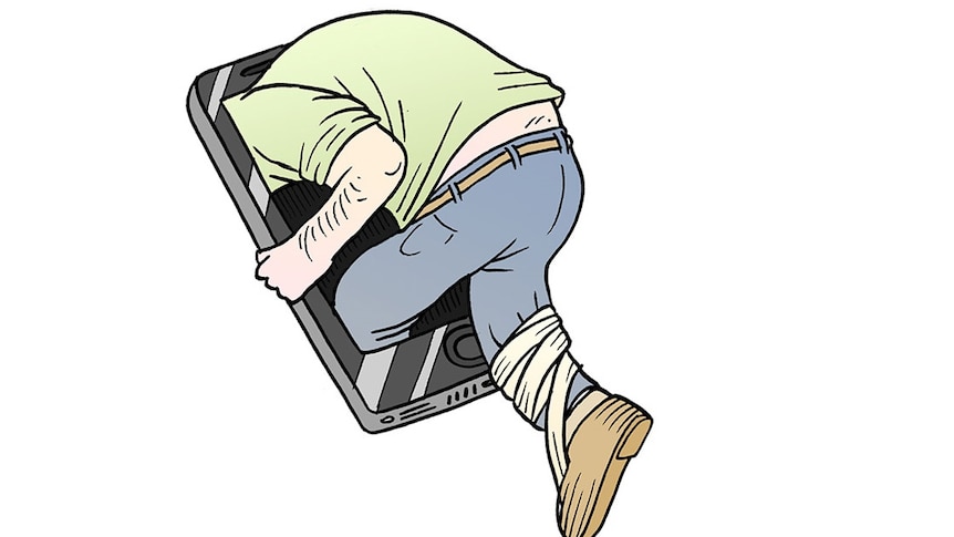 Coloured illustration of man crawling into giant phone