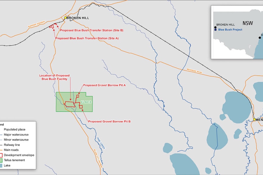map showing proposed location for hazardous waste storage facility near Broken Hill