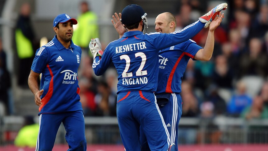 England celebrates the wicket of Matthew Wade in the final one-day international.