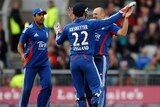 England celebrates the wicket of Matthew Wade in the final one-day international.