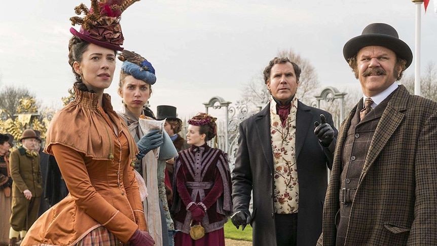 Will Ferrell (second right) and John C Reilly (far right) in costume in Holmes and Watson