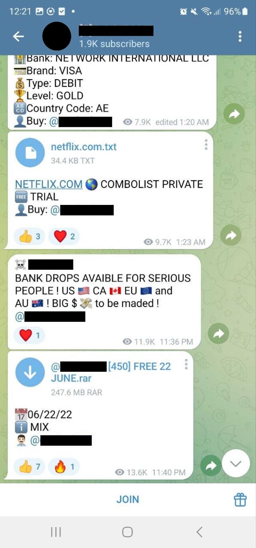 An ad on Telegram that says "BANK DROPS AVAILABLE FOR SERIOUS PEOPLE", with an Australian flag emoji in the text.