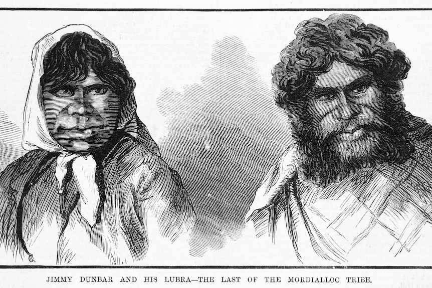 An historic sketch of a married indigenous couple wearing loose westernised clothing, head scarf