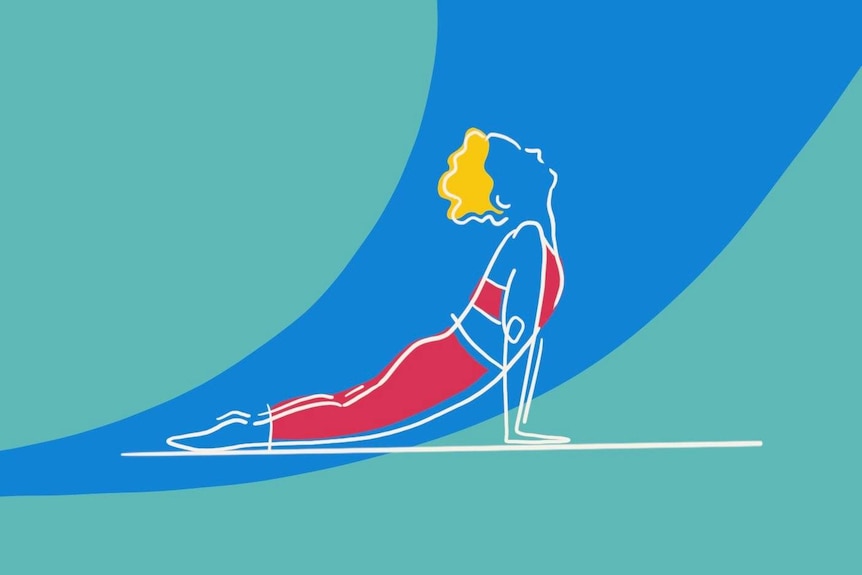 Illustration of woman doing yoga stretch on the ground.
