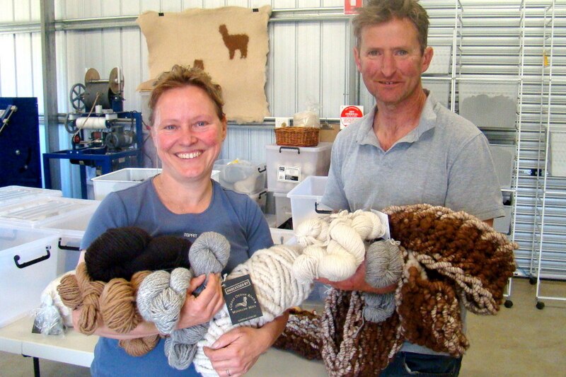 Nick and Isabel Renters display some of the woven alpaca fleece